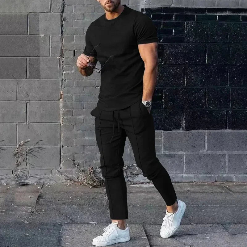 Conjunto deportivo para hombre, otoño 2023, verano, liso, informal, cuello redondo, manga corta, camiseta deportiva, conjunto de dos piezas para hombre