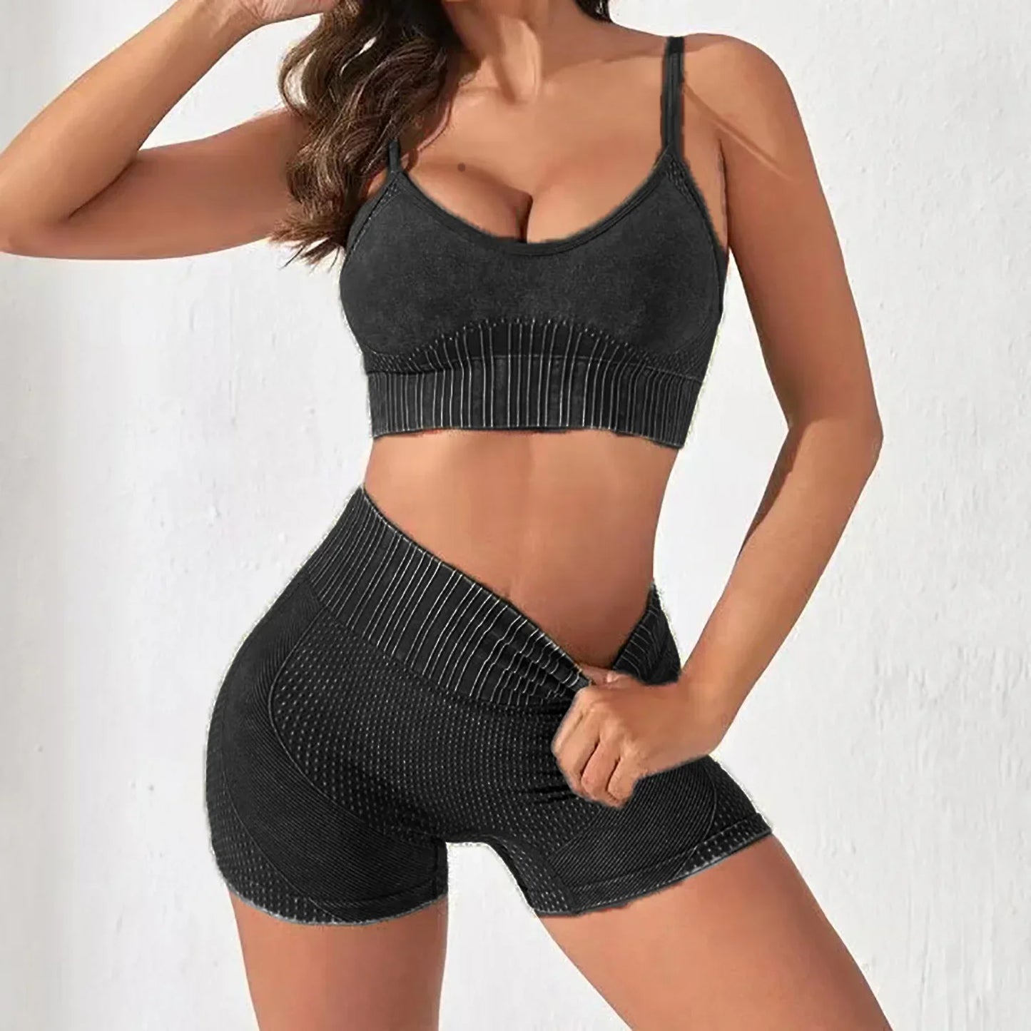 Conjunto de yoga, pantalones cortos de gimnasio, conjuntos para mujer, sin costuras, esmerilado, top corto de fitness, leggings de cintura alta, conjuntos deportivos, entrenamiento, correr, ropa deportiva