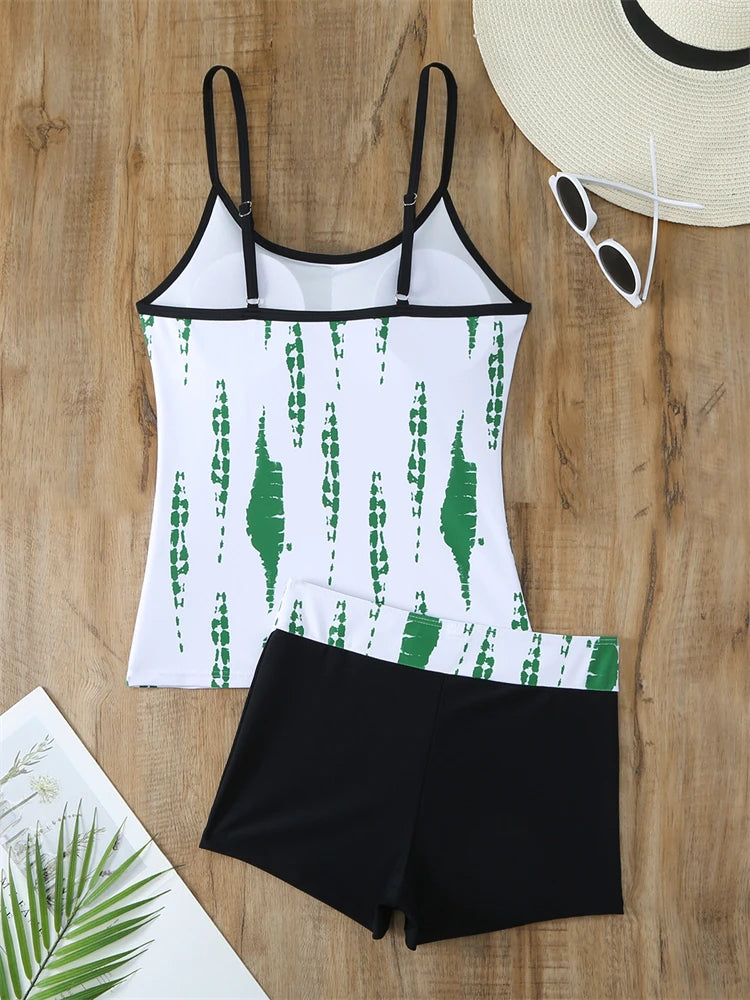 Traje de baño de dos piezas para mujer 2025, nuevo traje de baño liso con estampado de tirantes, tankini de verano, pantalones cortos tipo bóxer de cintura alta, traje de baño de playa para mujer