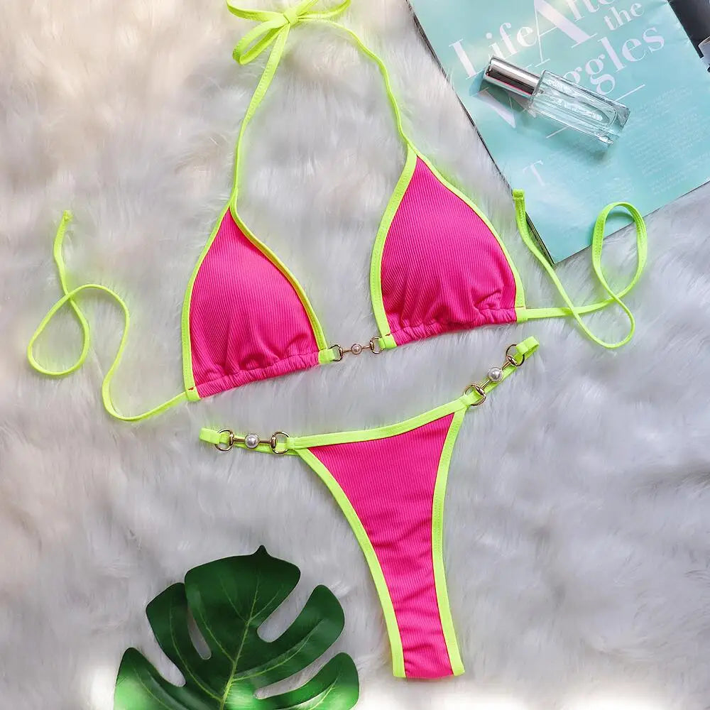 Bikini sexy con cuello halter y perlas para mujer, traje de baño femenino de dos piezas con ribete acanalado