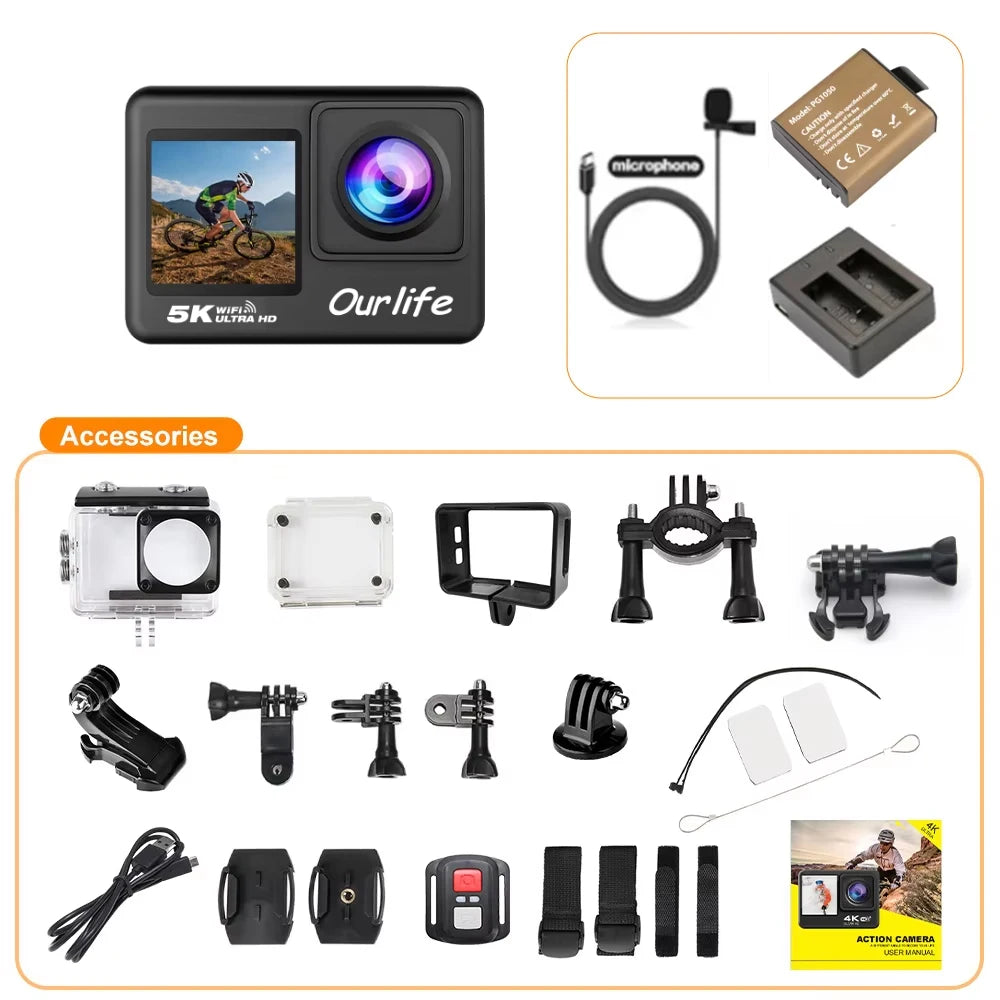 Cámara de acción Ourlife 5K 4K60FPS, pantalla táctil de 2.0 pulgadas, WiFi, gran angular de 170°, resistente al agua hasta 30 m, con casco, grabación de vídeo, cámaras deportivas.