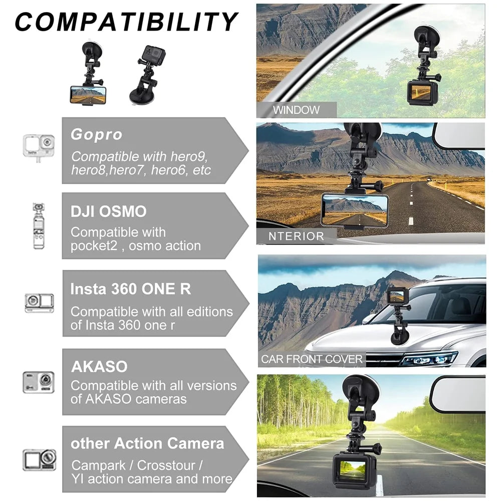 Soporte de ventosa para parabrisas de coche, para GoPro Hero 13, 12, 11, 10, 9, 8, Insta360, X3, X2, X4, DJI OSMO Action Camera