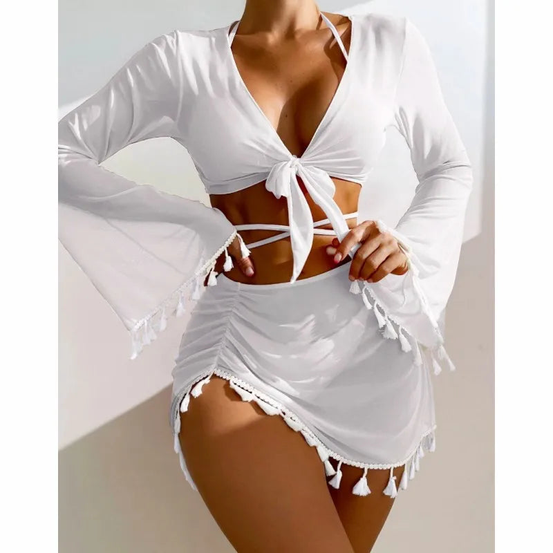 4 Piece Swimming Suit Women Beach Wear Solid Tassel Cover Up Mesh Mini Skirt Bikinis Set Cute Swimming Pool Outfit Summer