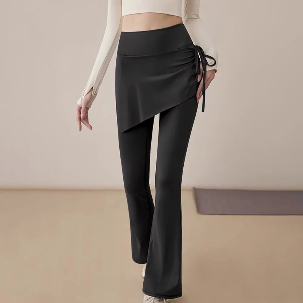 Leggings deportivas 2 en 1 con diseño de falda, dobladillo acampanado, cintura alta y cordón ajustable para yoga, actividades al aire libre y fitness.