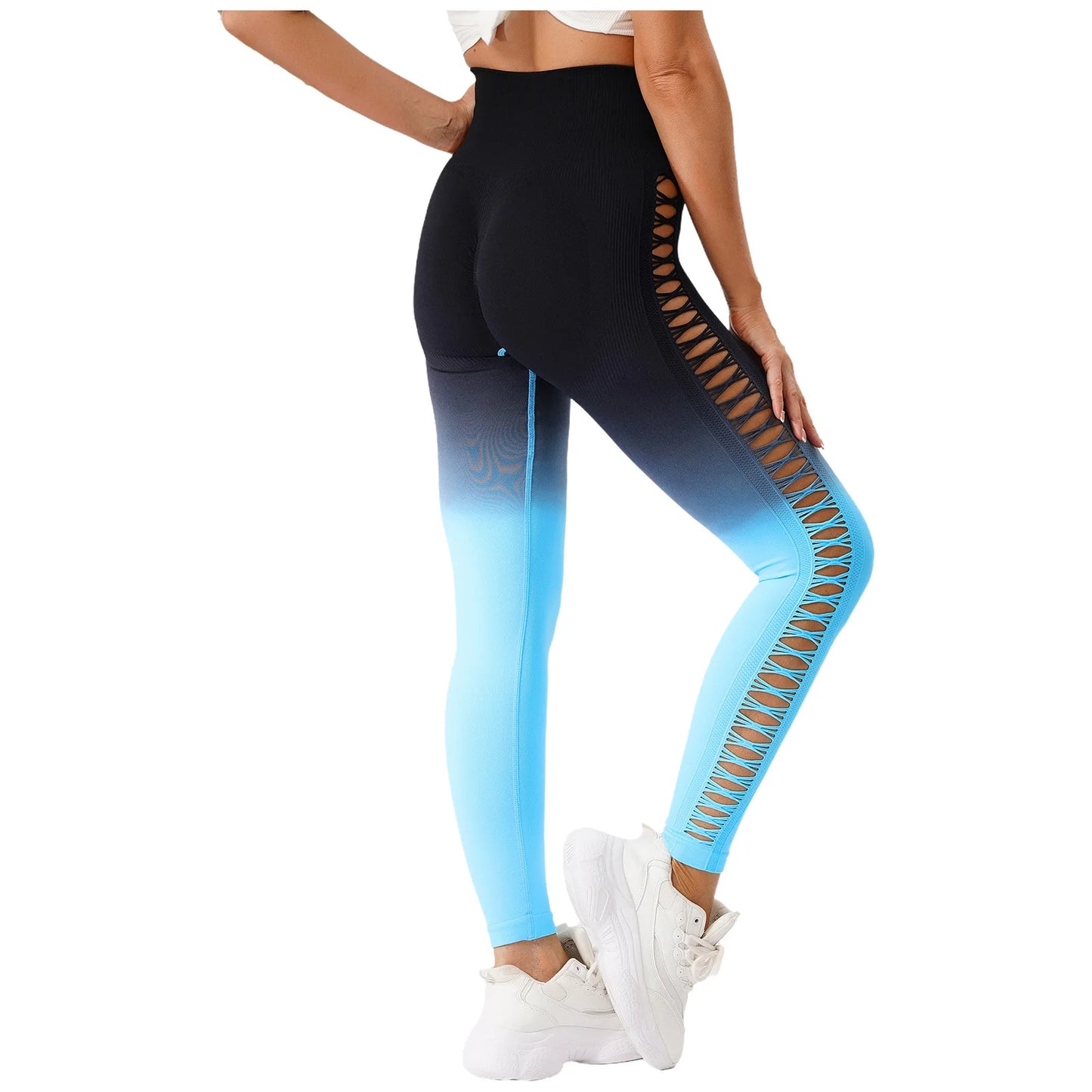 Womens Hip Tight Yoga Pants High Waist Side Hollowed-Out Mesh Design Exercise Yoga Leggings Running Gym Fitness