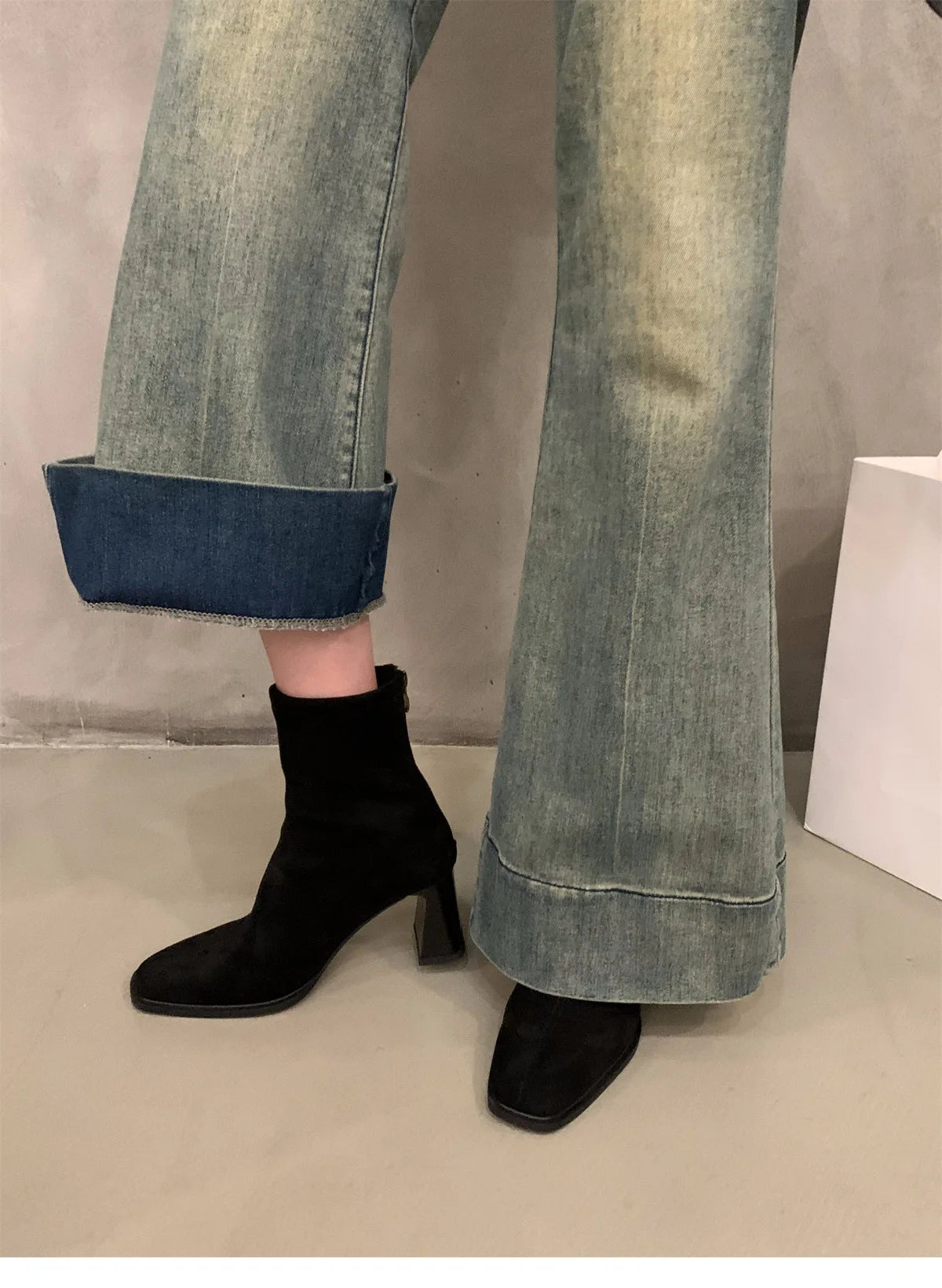 Vintage Women Ankle Boots 2024 Fashion Square Toe Thick High Shoes Autumn Winter New Ladies Elegant Stretch Slim Short Booties