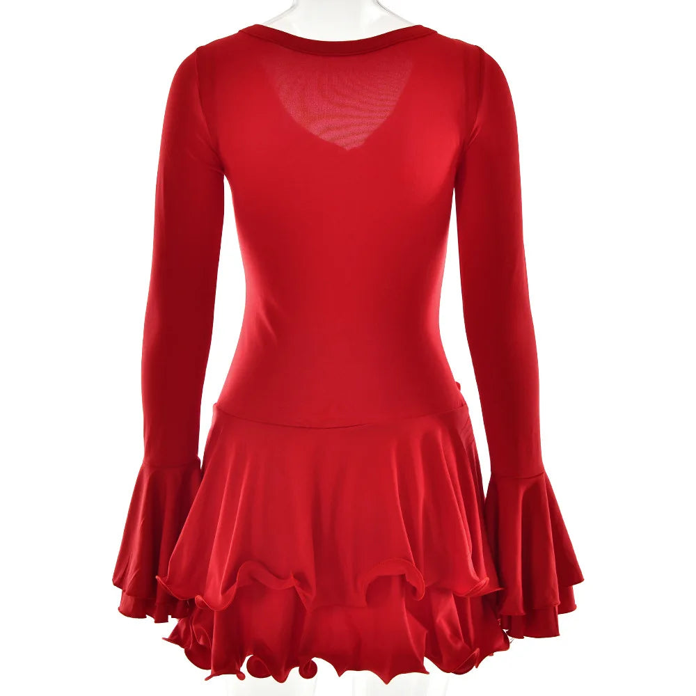 Vestido corto de mujer con volantes, patchwork blanco y negro, manga larga acampanada, encaje y cordones, para fiesta, noche, mini vestido, azul, rosa, rojo.
