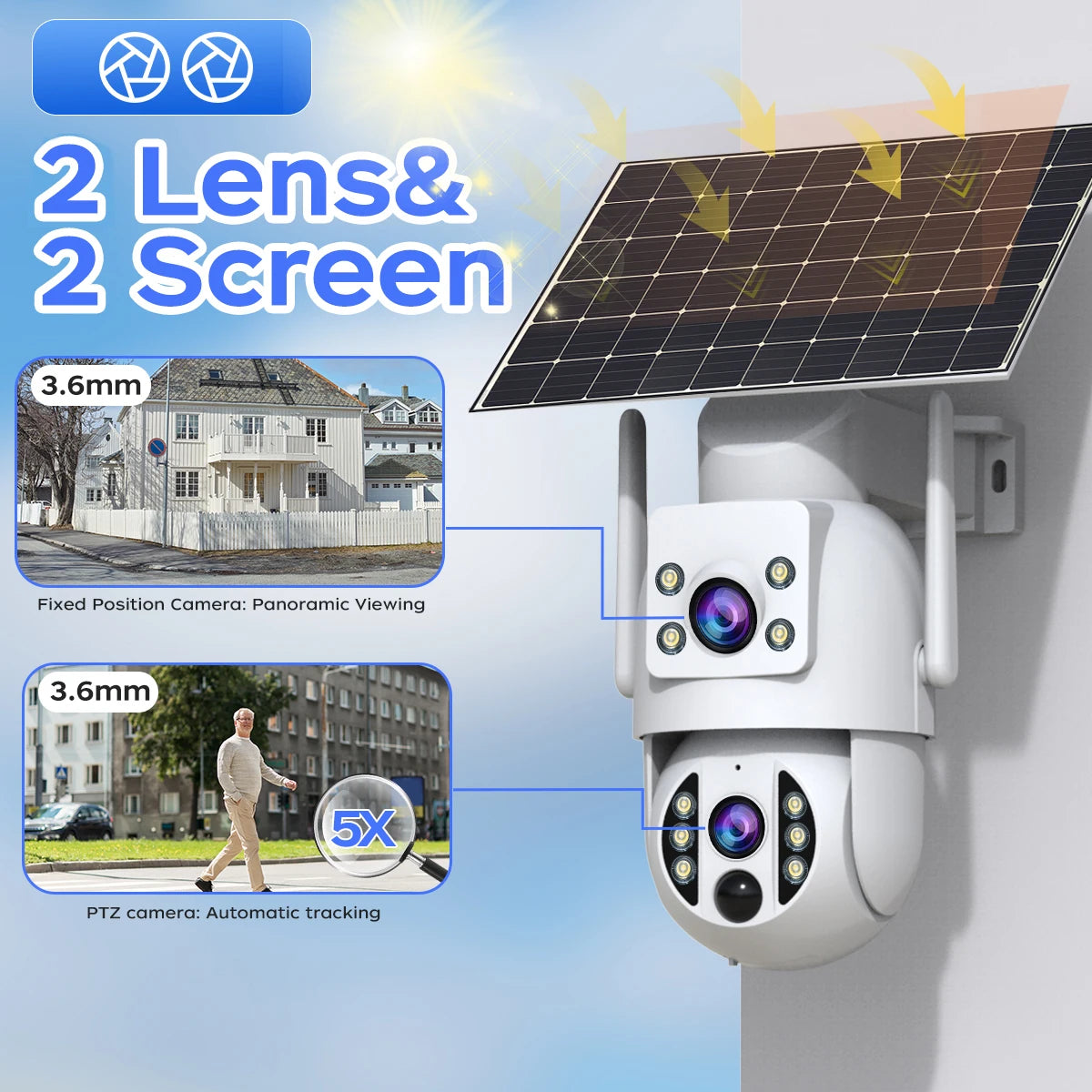 Cámara de seguridad solar JOOAN 4K, inalámbrica, para exteriores, con doble lente, IP, PIR, visión nocturna a color, seguimiento automático, batería, CCTV