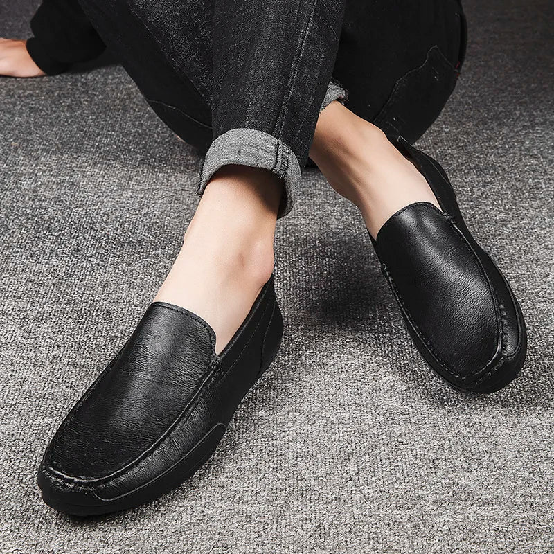 Zapatos casuales para hombre, de piel sintética, de marca de lujo, mocasines para hombre, transpirables, sin cordones, negros, para conducir