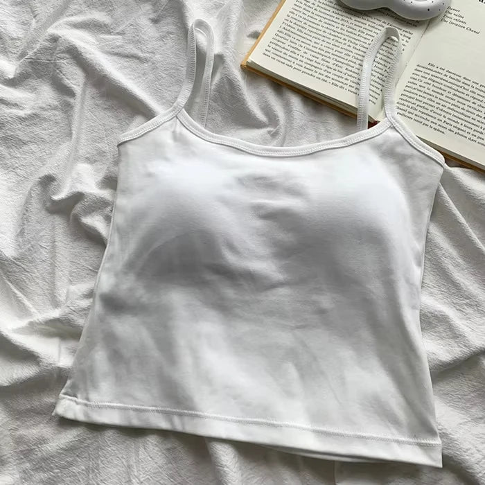 Camisola ajustada sin mangas con tirantes finos de color liso para mujer con almohadilla para el pecho, de algodón, para uso exterior, camisetas cortas de verano para mujer.