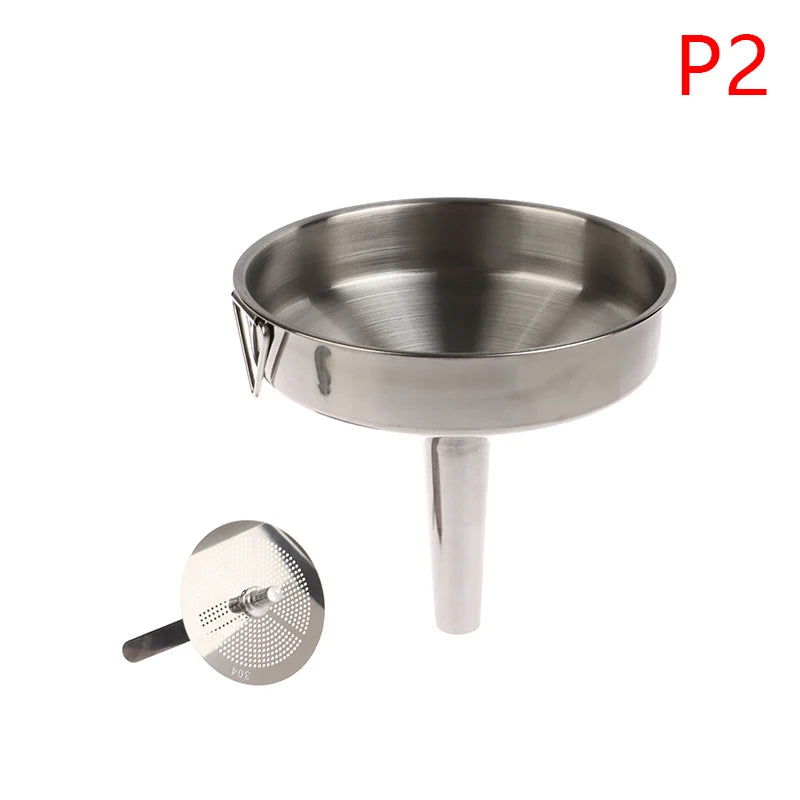 Embudo de acero inoxidable 304 de 10 cm, 12 cm y 14 cm para cocina, dispensador de aceite, vino y líquido con colador extraíble.