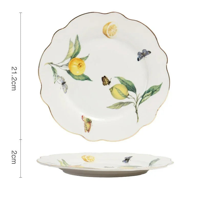 Plato de cerámica de estilo europeo para cena, elegante plato de carne con diseño de limón, juego de taza de café, plato de postre de cocina occidental