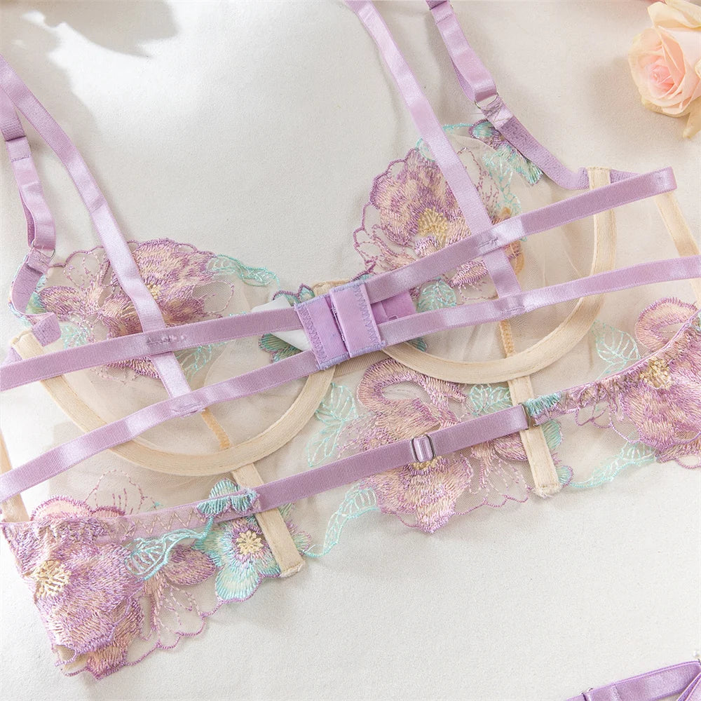 Conjuntos de lencería sexy con bordado floral para mujer, conjunto de sujetador y tanga de encaje transparente, conjuntos sensuales y delicados, ropa de juego para parejas