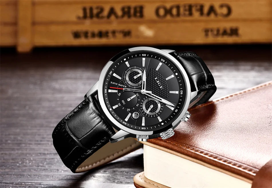 LIGE 2024 Reloj de lujo para hombre, reloj de cuarzo informal de negocios, reloj de pulsera de cuero a la moda para hombre, reloj impermeable para hombre