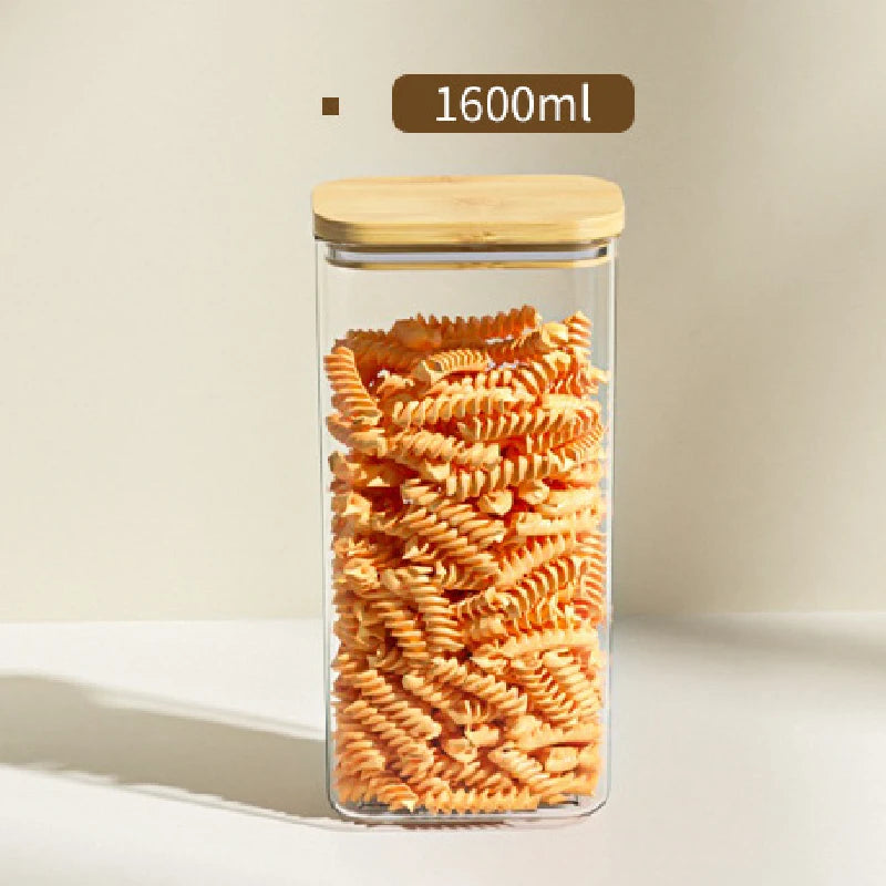 Tarro de plástico cuadrado sellado de 1100 ml para alimentos, con tapa de bambú, para cereales de cocina, transparente, para té y utensilios de cocina.