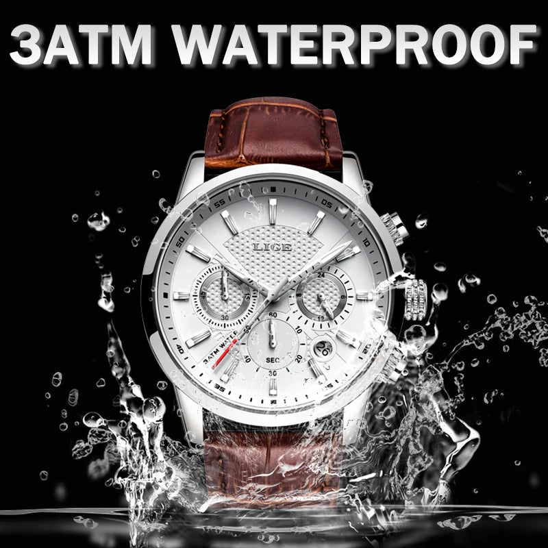 LIGE 2024 Reloj de lujo para hombre, reloj de cuarzo informal de negocios, reloj de pulsera de cuero a la moda para hombre, reloj impermeable para hombre