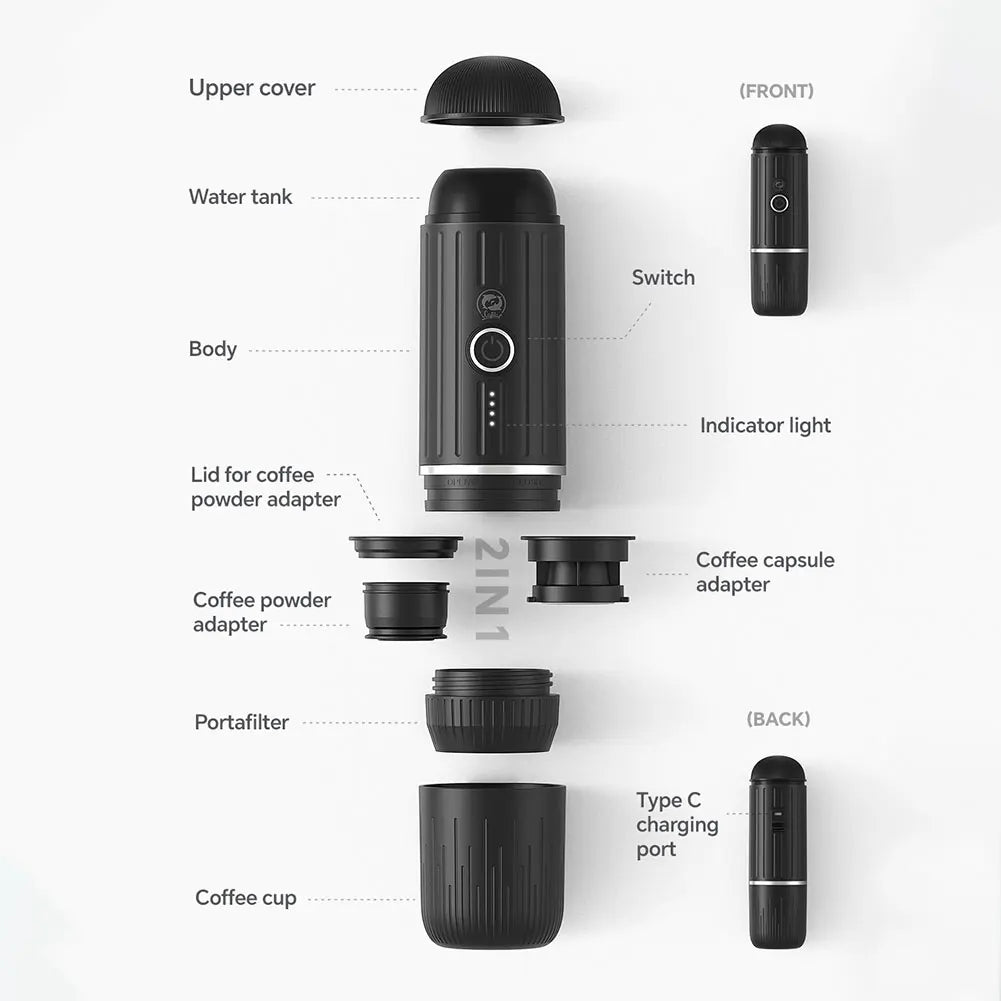 Cafetera portátil eléctrica para café expreso, compatible con cápsulas y café molido, cafetera 2 en 1 para senderismo.