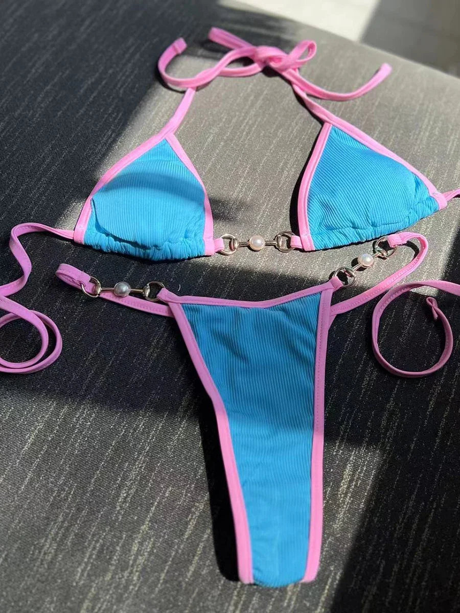 Bikini sexy con cuello halter y perlas para mujer, traje de baño femenino de dos piezas con ribete acanalado