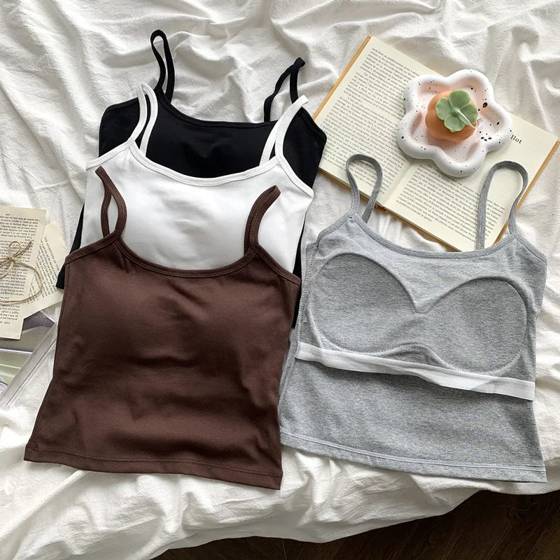 Camisola ajustada sin mangas con tirantes finos de color liso para mujer con almohadilla para el pecho, de algodón, para uso exterior, camisetas cortas de verano para mujer.