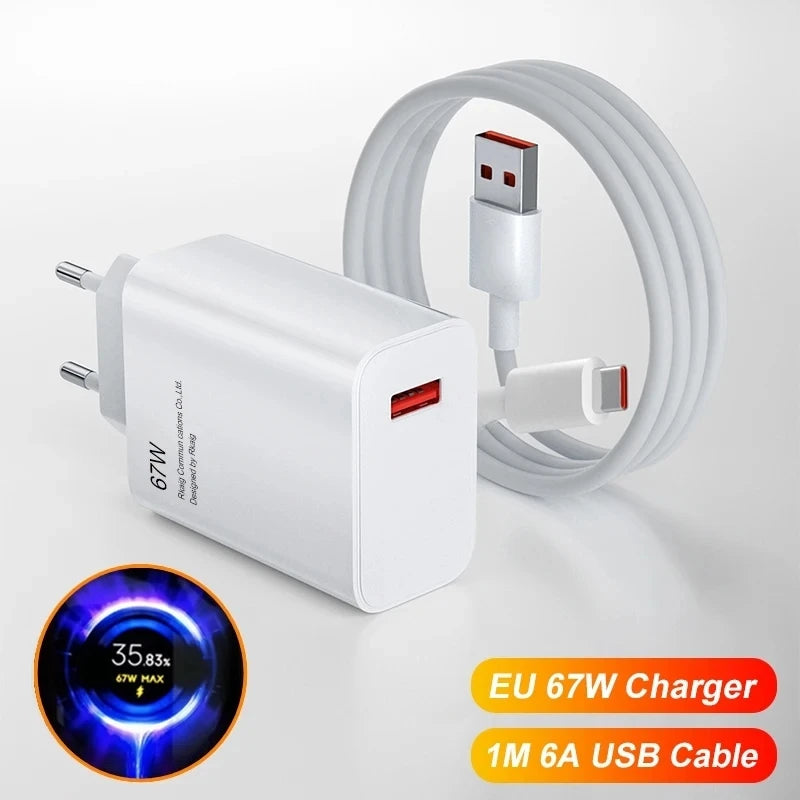 Cargador original Xiaomi de 67 W, adaptador de carga rápida Turbo EU/US, cable USB-C de 6 A para Xiaomi 12, 11, POCO X5, X4 Pro, Redmi Note 9 y 10 Pro.