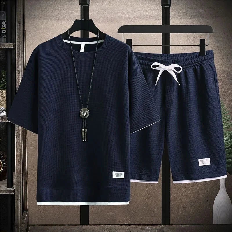 Conjunto deportivo informal de verano para hombre, pantalones cortos de manga corta con cordón, pantalones holgados de cinco cuartos, traje fino de dos piezas para hombre