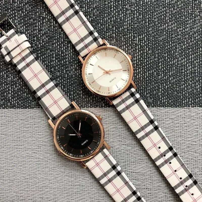 Reloj para hombre Nuevo reloj informal con cinturón a cuadros simple y moderno con caja de oro rosa y reloj de cuarzo a cuadros