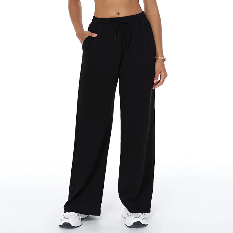 Women Winter Loose Fit Sports Pants High Waist Drawstring Weatpants With Pockets Straight Leg Yoga Pants Versatile Sports Pants