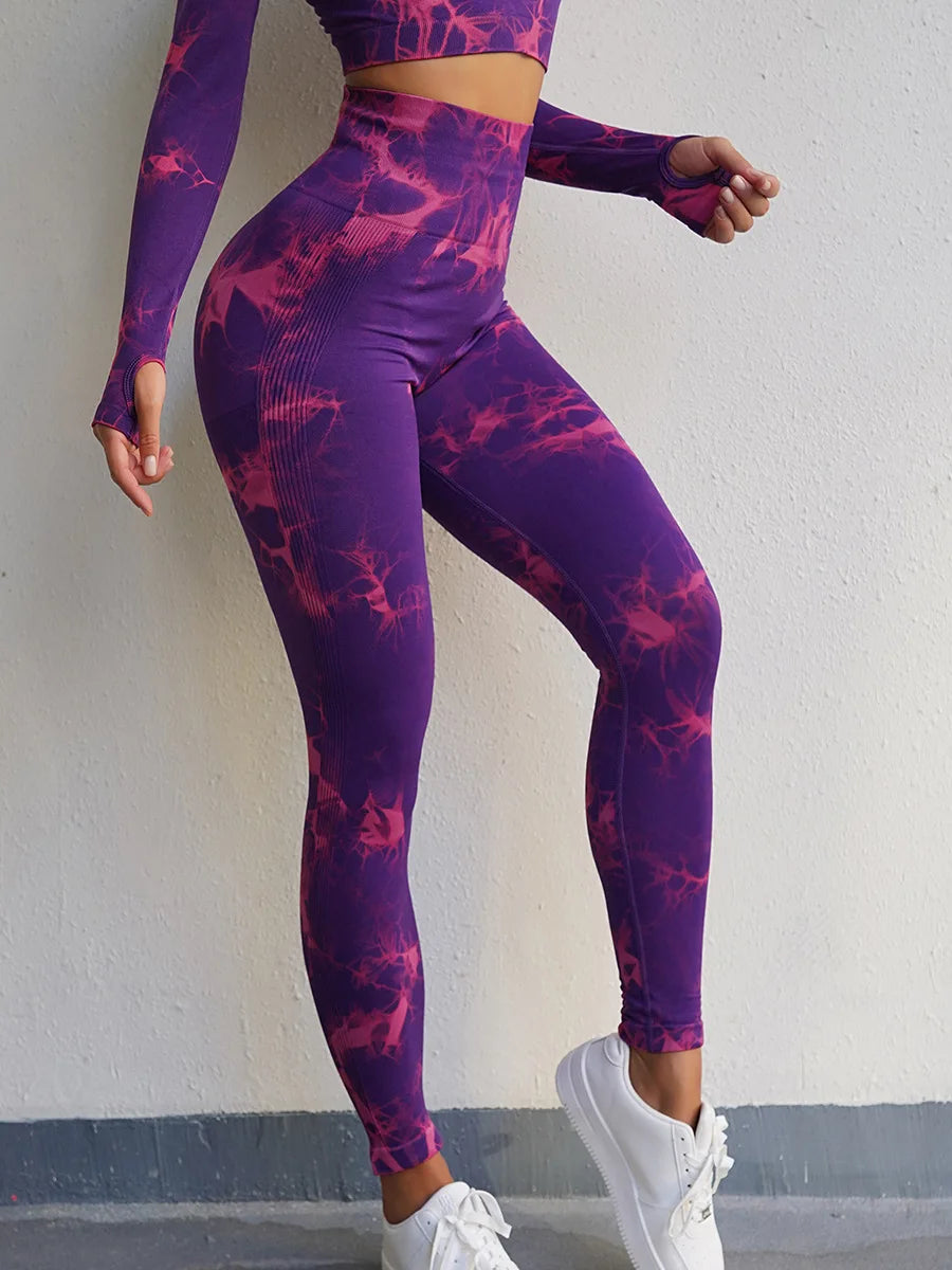 VEQKING - Ropa de yoga teñida para mujer, top corto de manga larga, pantalones de yoga de cintura alta, conjuntos deportivos, ropa de gimnasio de secado rápido