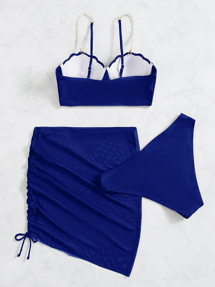 Conjunto de bikini sexy de 3 piezas para mujer, traje de baño con falda, novedad de 2023, bikini push up para mujer, ropa de playa con perlas sintéticas.