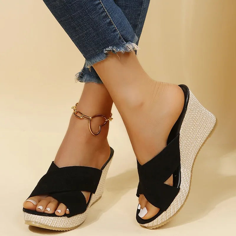 Sandalias de tacón alto de lujo para mujer, sandalias de cuña con alpargatas, zapatos de plataforma con punta abierta, sandalias deslizantes para exteriores