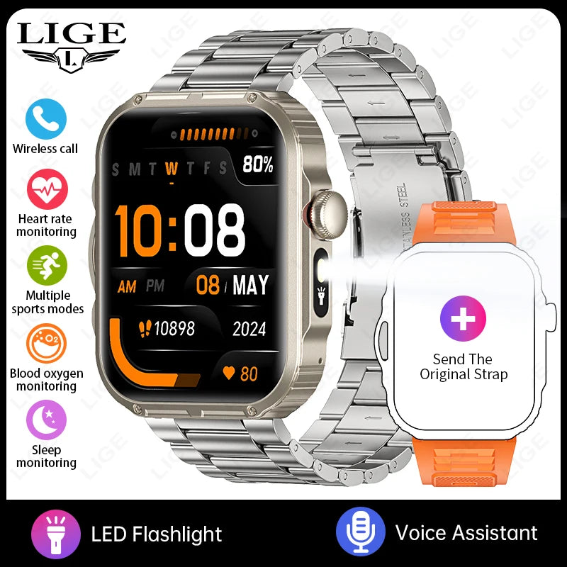 Reloj inteligente de 2,01 pulgadas para hombre y mujer, con linterna LED, control del ritmo cardíaco, para deportes al aire libre y fitness, resistente al agua