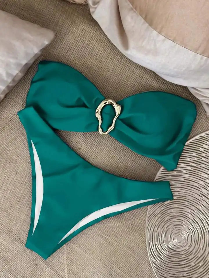 Conjuntos de bikini sin tirantes para mujer, traje de baño de dos piezas con efecto push up, bañadores sexys de color liso, ropa de playa sin espalda para mujer