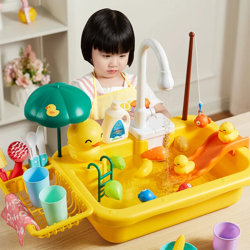 Fregadero de cocina para niños, lavavajillas eléctrico, juguete con agua corriente, juego de simulación, comida, pesca, juego de rol, regalo para niñas