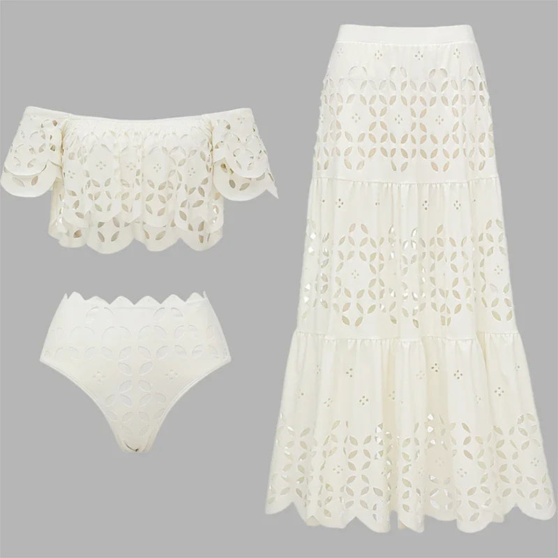 Flaxmaker - Traje de baño de bikini sexy sin tirantes y ahuecado para mujer, chaleco liso sin mangas, falda recta, conjunto informal elegante de verano para mujer