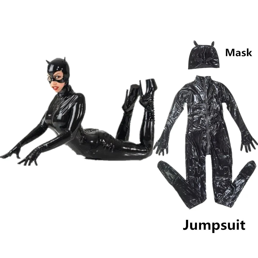 Sexy Cat Womens Jumpsuit Zentai Suit Fancy Dress Shiny Black Wetlook Leather Cat Catsuit Halloween Costumes For Women