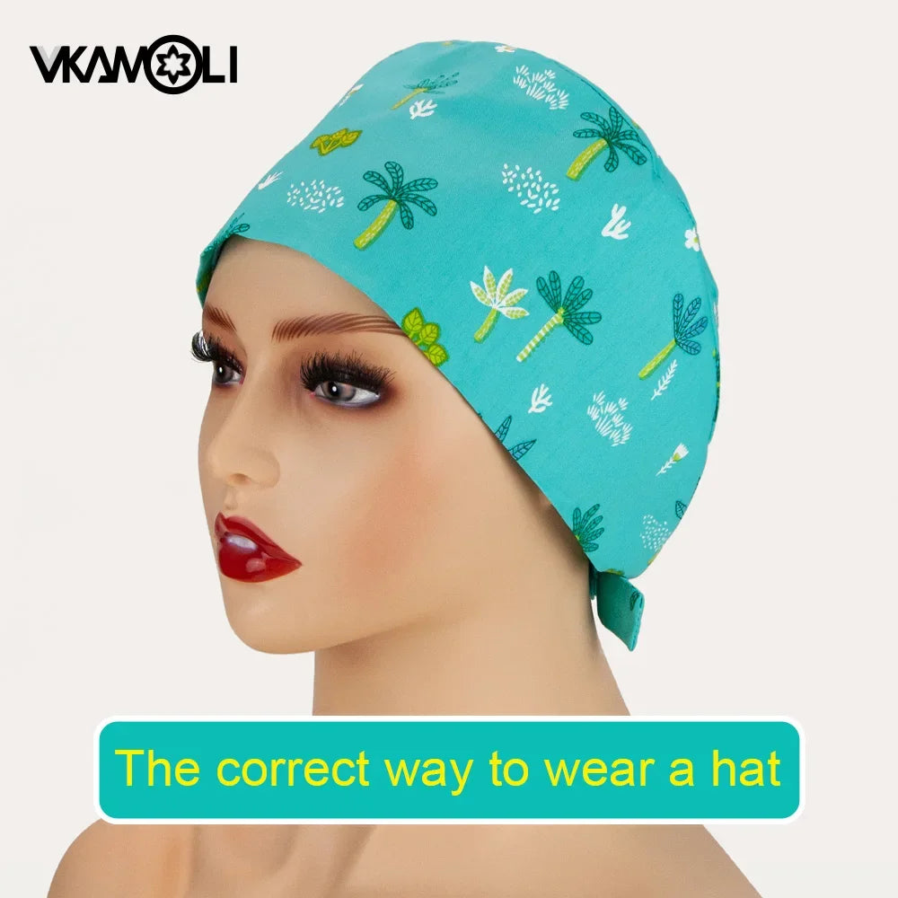 Gorro quirúrgico de algodón con estampado de dibujos animados multicolor para peluquería de mascotas, ajustable, para salón de belleza, enfermería, médico y enfermera.