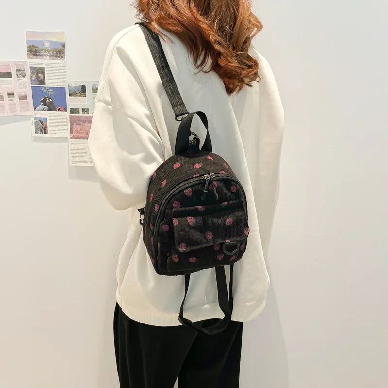 Mini mochila de pana retro para mujer, informal, bonita, para exteriores, con doble hombro, estilo coreano, simple, con bolsillo para teléfono móvil, poliéster, L