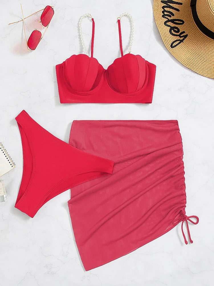 Conjunto de bikini sexy de 3 piezas para mujer, traje de baño con falda, novedad de 2023, bikini push up para mujer, ropa de playa con perlas sintéticas.