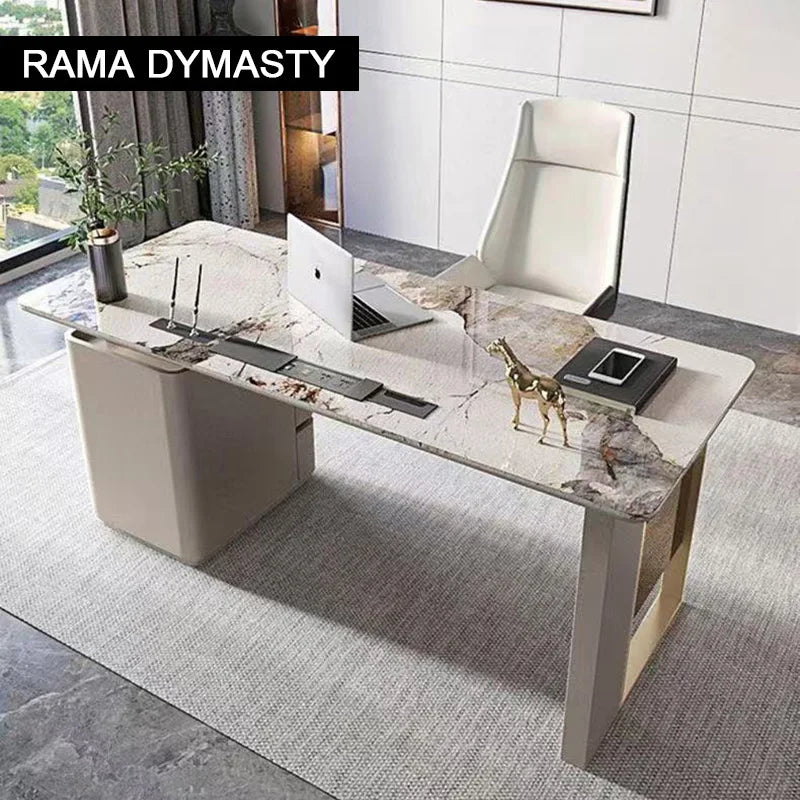 Escritorio beige moderno de madera con 3 cajones y pedestal doble para oficina en casa
