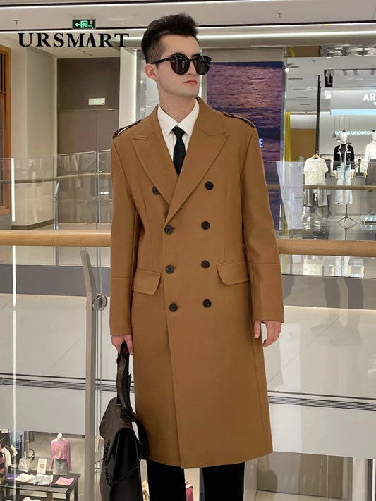 Worsted pure wool coat for men super long, knee length double breasted thickened and warm classic business wool coat for men