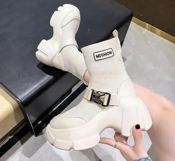 Botines de plataforma alta de 8 cm para mujer, botas cortas con suela gruesa y suela gruesa, antideslizantes, para motocicleta, para otoño