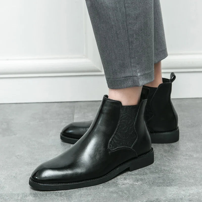 Botas Chelsea para hombre, de PU, lisas, hasta el tobillo, de caña alta, tacón bajo, con banda elástica tallada, botas formales de trabajo para negocios, tallas grandes 38-46