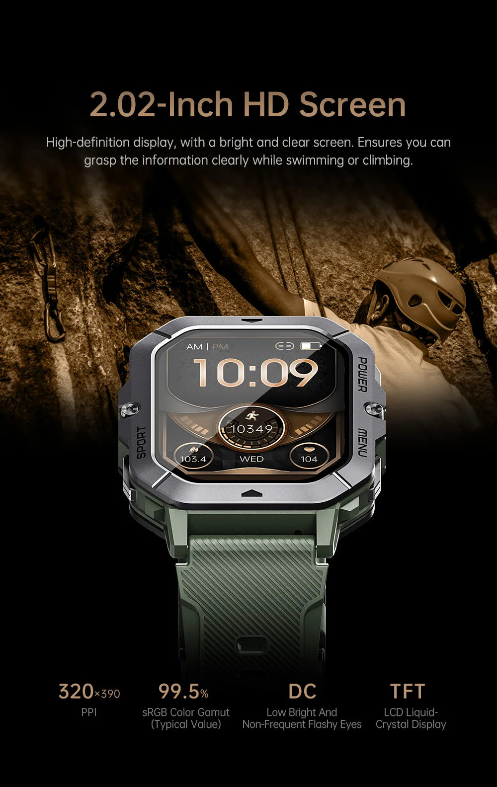 Reloj inteligente con Bluetooth de 2,02 pulgadas para hombre y mujer, batería de 410 mAh, resistente al agua hasta 1 ATM, monitor de ritmo cardíaco y salud, para deportes al aire libre
