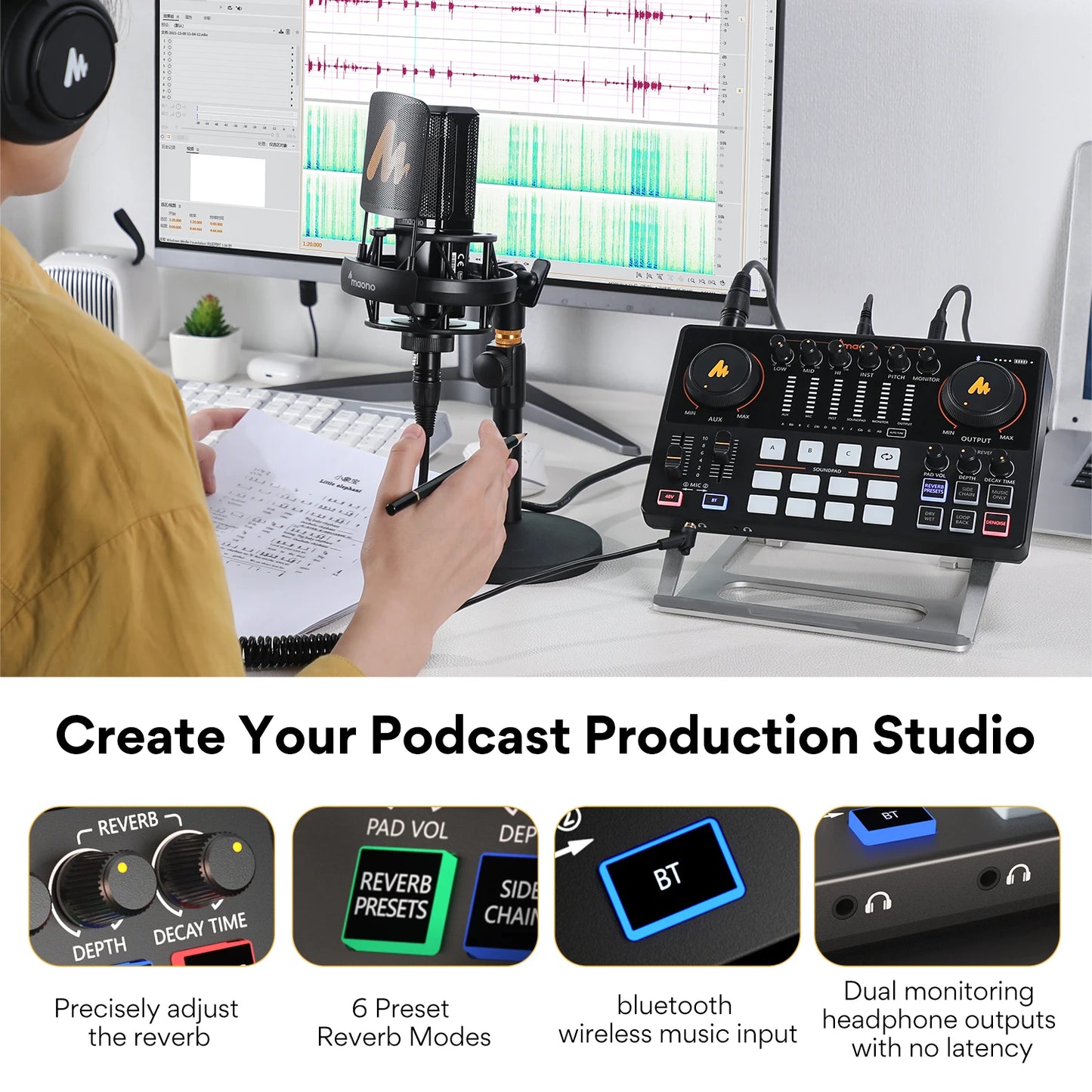 Interfaz de audio Maono AME2, tarjeta de sonido, mezclador de DJ, estudio de podcast portátil todo en uno para grabación, transmisión en vivo, YouTube, guitarra y PC.