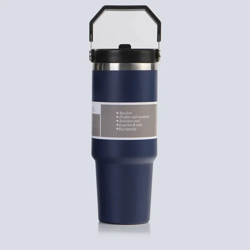 Vaso portátil de acero inoxidable de 30 oz con aislamiento para coche, con pajita y doble pajita para bebidas frías, ideal para usar en el vehículo.