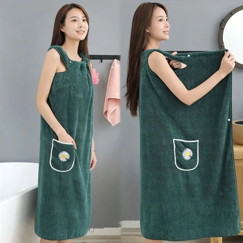 Toalla de baño para el hogar, para mujeres, usable, para adultos, absorbe el agua, algodón puro, para cabello seco, falda larga, estilo baño, bata de baño lavable