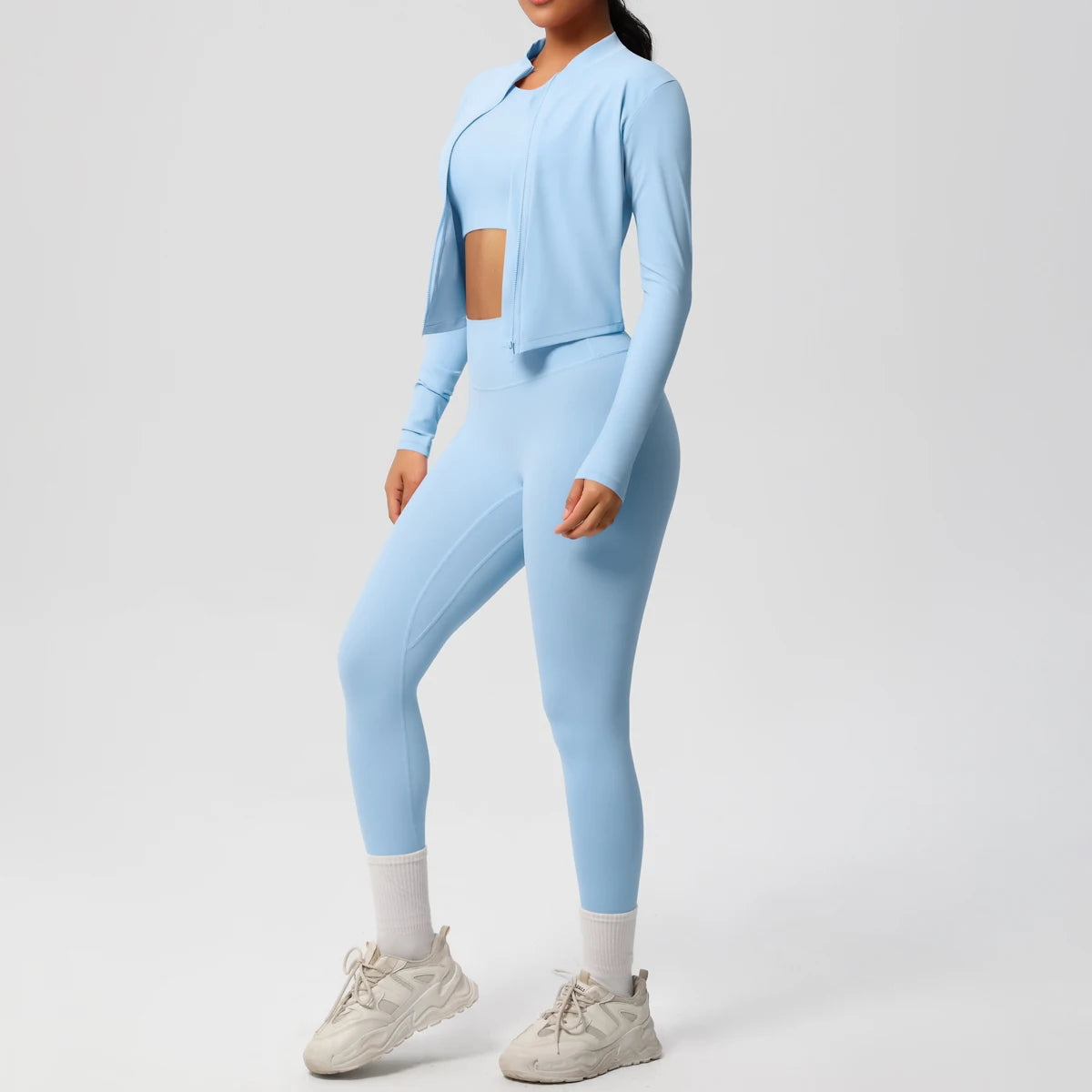 Conjunto de leggings de yoga, top deportivo con cremallera y manga larga, transpirable, para correr al aire libre, pantalones de yoga ajustados e informales, ropa de fitness