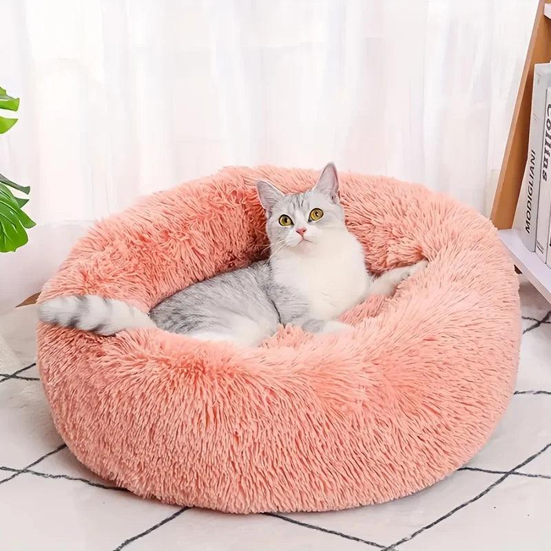 1 cama cómoda de felpa a rayas para mascotas, adecuada para gatos y perros, cálida, nido redondo para dormir profundamente, relleno, gris, suave, para interiores