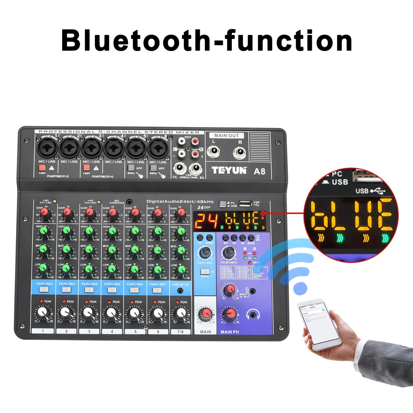 Mesa de mezclas de sonido para DJ TEYUN de 8, 6 y 4 canales, mezclador de audio con 24 efectos DSP, Bluetooth, PC, reproducción USB, grabación, controlador de 48 V, consola de mezclas