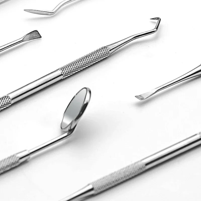 Juego de herramientas de acero inoxidable para dentistas, 4, 5 y 6 piezas, pinzas, azada, hoz, raspador, espejo, limpieza de sarro.